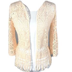 Women's Ruff Hewn Pink Peach crocheted fringe boho sweater cardigan sz S